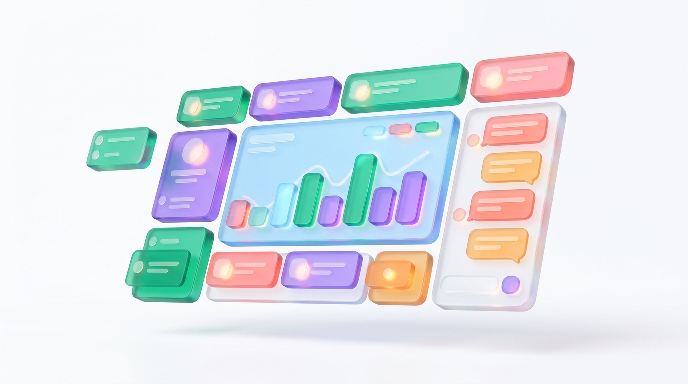 Composition of a no-code app assembled from colorful translucent 3D blocks